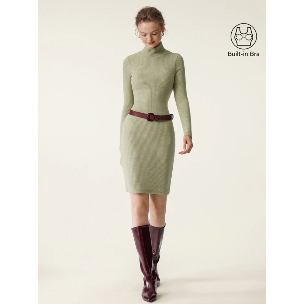 OGL Sage Green Brami Ribbed Mockneck Bodycon Mini Dress Built-In Bra S